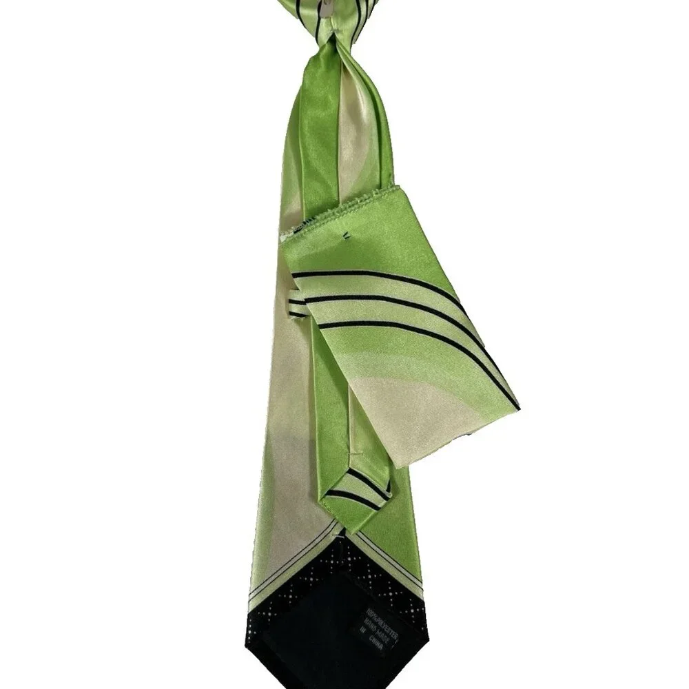 Boy's Clip-on Tie Hanky Green Cream Black 100% Polyester 3